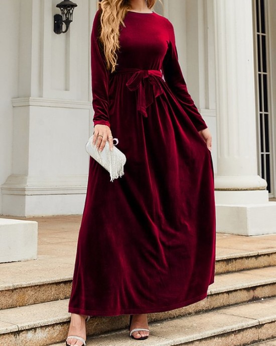 Belted Pleated Solid Color Zipper Long Sleeves Wrap Round-Neck Maxi Dresses