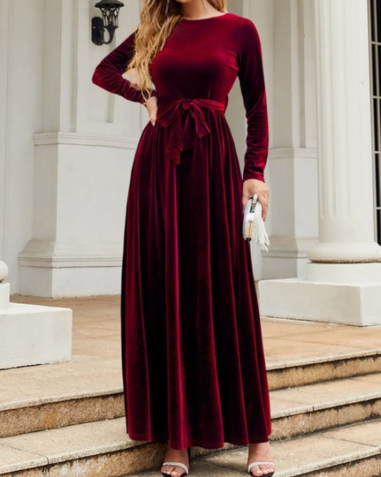 Belted Pleated Solid Color Zipper Long Sleeves Wrap Round-Neck Maxi Dresses