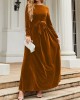 Belted Pleated Solid Color Zipper Long Sleeves Wrap Round-Neck Maxi Dresses