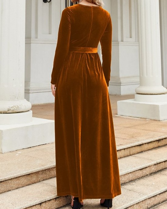 Belted Pleated Solid Color Zipper Long Sleeves Wrap Round-Neck Maxi Dresses