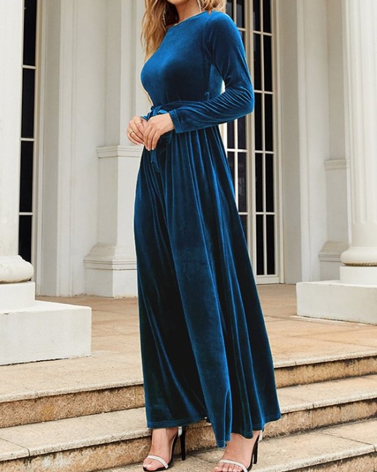 Belted Pleated Solid Color Zipper Long Sleeves Wrap Round-Neck Maxi Dresses