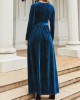 Belted Pleated Solid Color Zipper Long Sleeves Wrap Round-Neck Maxi Dresses