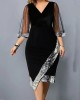 Contrast Color Mesh Sequined Split-Joint Bodycon Wrap V-Neck Midi Dresses