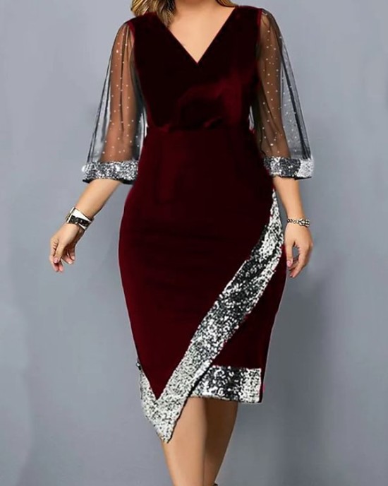 Contrast Color Mesh Sequined Split-Joint Bodycon Wrap V-Neck Midi Dresses