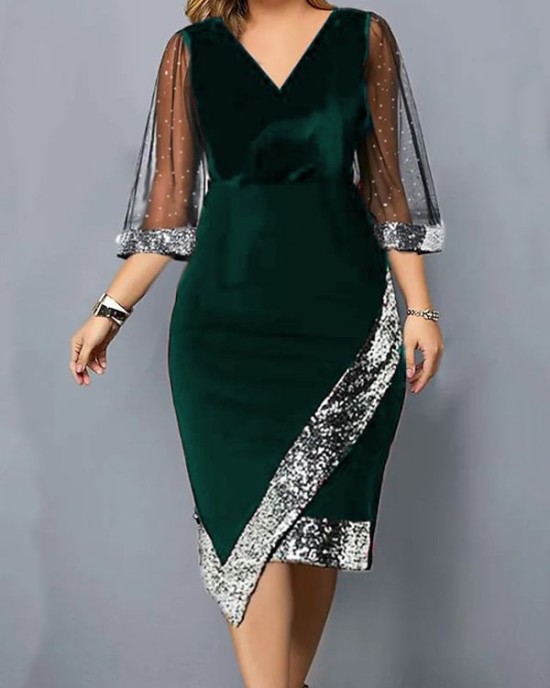 Contrast Color Mesh Sequined Split-Joint Bodycon Wrap V-Neck Midi Dresses