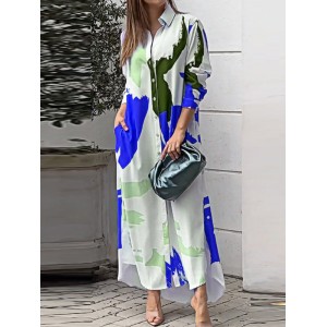 Buttoned Contrast Color Pockets Printed Split-Side Loose Wrap Shirt Dress