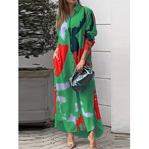 Buttoned Contrast Color Pockets Printed Split-Side Loose Wrap Shirt Dress