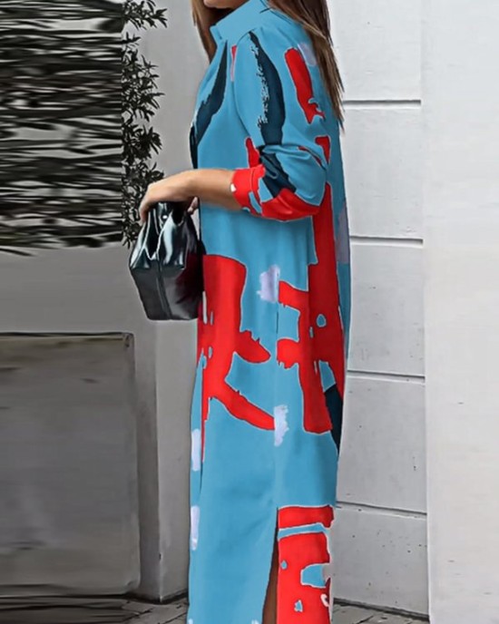 Buttoned Contrast Color Pockets Printed Split-Side Loose Wrap Shirt Dress