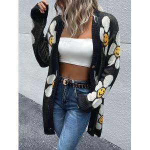 Contrast Color Knitted Flower Loose Wrap Cardigan Tops