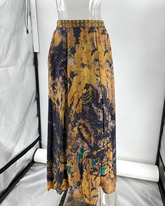 Contrast Color Flower Print Loose Wrap Skirts Bottoms