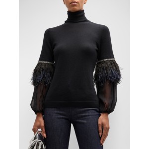 Feathers Solid Color Split-Joint Loose Wrap High-Neck T-Shirts Tops