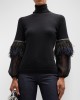 Feathers Solid Color Split-Joint Loose Wrap High-Neck T-Shirts Tops