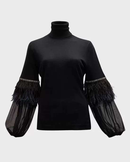 Feathers Solid Color Split-Joint Loose Wrap High-Neck T-Shirts Tops