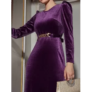 Belted Solid Color Zipper Mermaid Wrap Round-Neck Midi Dresses