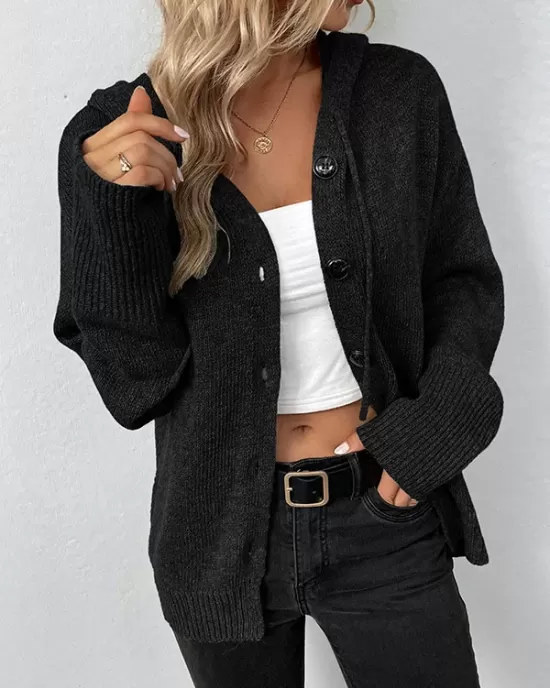 Buttoned Hooded Solid Color Wrap Cardigan