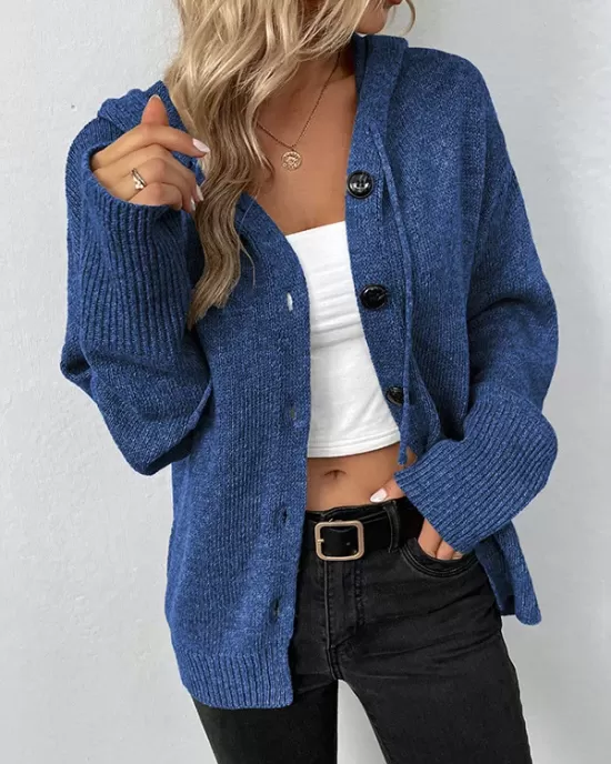 Buttoned Hooded Solid Color Wrap Cardigan