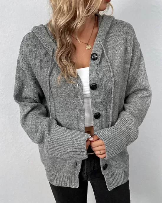 Buttoned Hooded Solid Color Wrap Cardigan