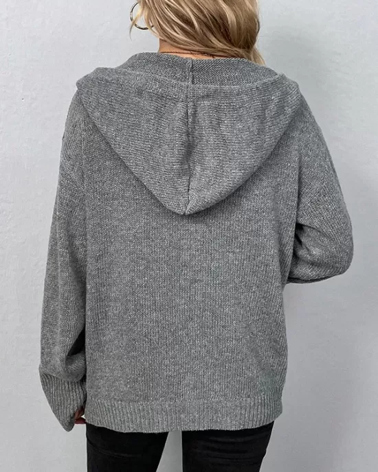 Buttoned Hooded Solid Color Wrap Cardigan