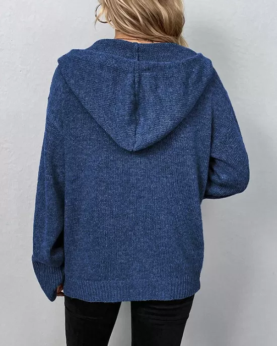 Buttoned Hooded Solid Color Wrap Cardigan