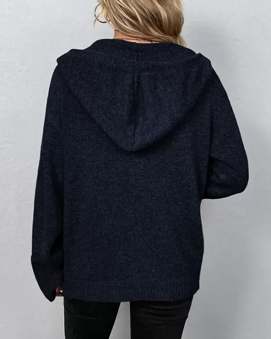 Buttoned Hooded Solid Color Wrap Cardigan