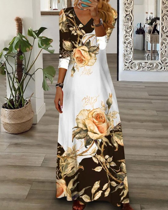 Contrast Color Flower Print Loose Wrap V-Neck Maxi Dresses