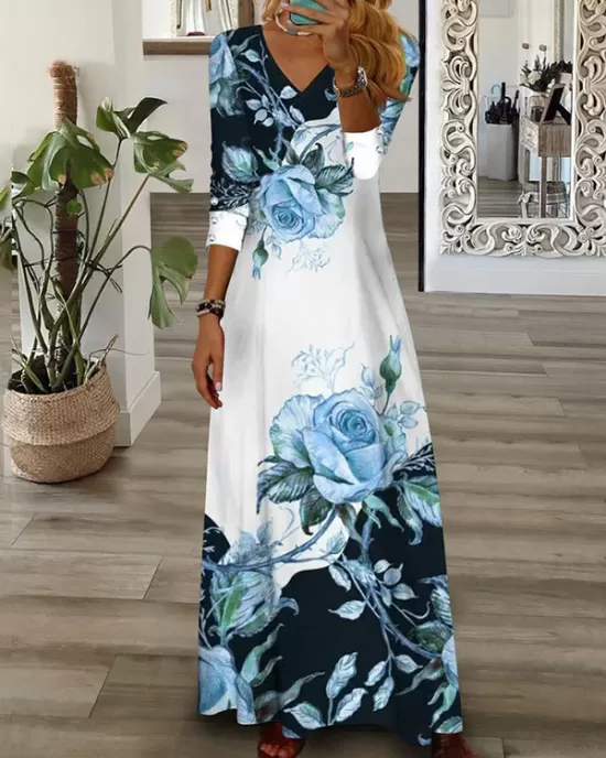 Contrast Color Flower Print Loose Wrap V-Neck Maxi Dresses