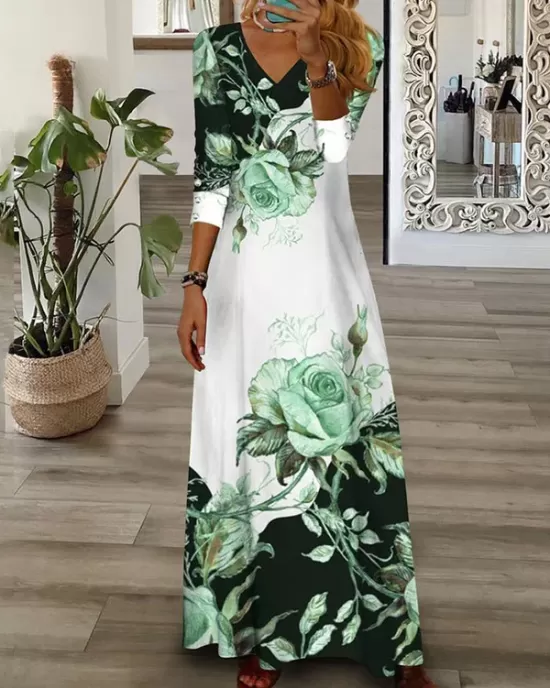 Contrast Color Flower Print Loose Wrap V-Neck Maxi Dresses