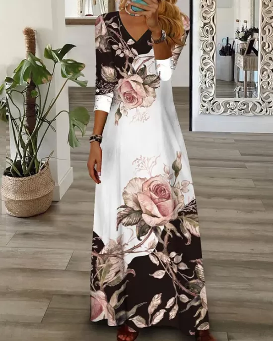 Contrast Color Flower Print Loose Wrap V-Neck Maxi Dresses