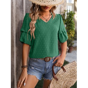 Jacquard Solid Color Puff Sleeves Wrap V-Neck T-Shirts Tops