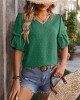 Jacquard Solid Color Puff Sleeves Wrap V-Neck T-Shirts Tops