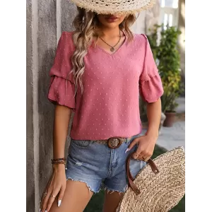 Jacquard Solid Color Puff Sleeves Wrap V-Neck T-Shirts Tops