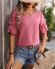 Jacquard Solid Color Puff Sleeves Wrap V-Neck T-Shirts Tops