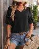 Jacquard Solid Color Puff Sleeves Wrap V-Neck T-Shirts Tops