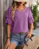 Jacquard Solid Color Puff Sleeves Wrap V-Neck T-Shirts Tops