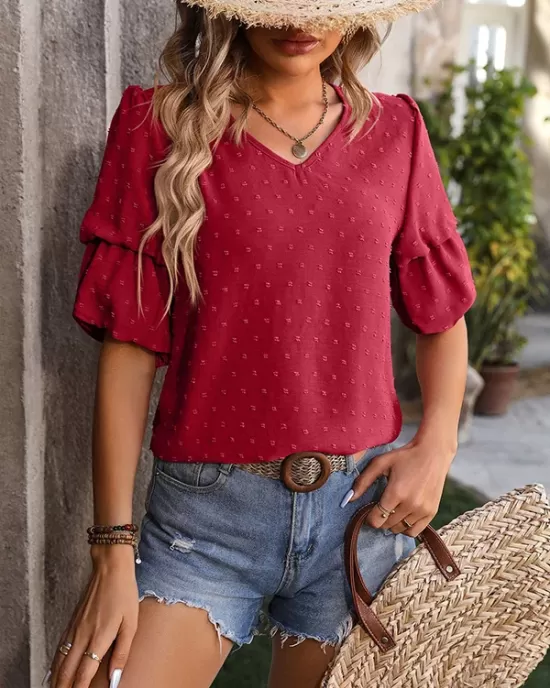 Jacquard Solid Color Puff Sleeves Wrap V-Neck T-Shirts Tops