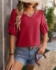 Jacquard Solid Color Puff Sleeves Wrap V-Neck T-Shirts Tops