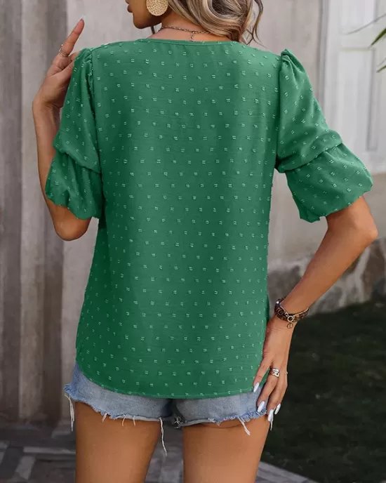 Jacquard Solid Color Puff Sleeves Wrap V-Neck T-Shirts Tops