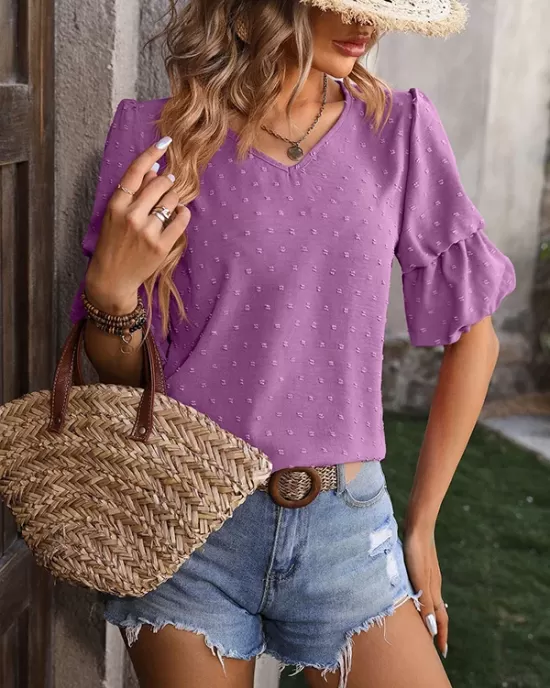 Jacquard Solid Color Puff Sleeves Wrap V-Neck T-Shirts Tops