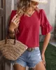 Jacquard Solid Color Puff Sleeves Wrap V-Neck T-Shirts Tops