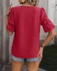 Jacquard Solid Color Puff Sleeves Wrap V-Neck T-Shirts Tops