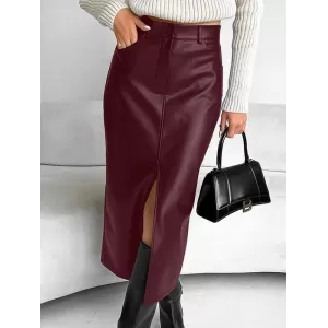 Pockets Solid Color Split-Front Zipper Skinny Wrap Skirts Bottoms