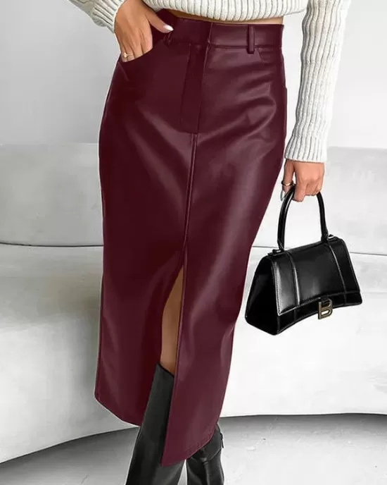 Pockets Solid Color Split-Front Zipper Skinny Wrap Skirts Bottoms Pockets Solid Color Split-Front Zipper Skinny Wrap Skirts Bottoms