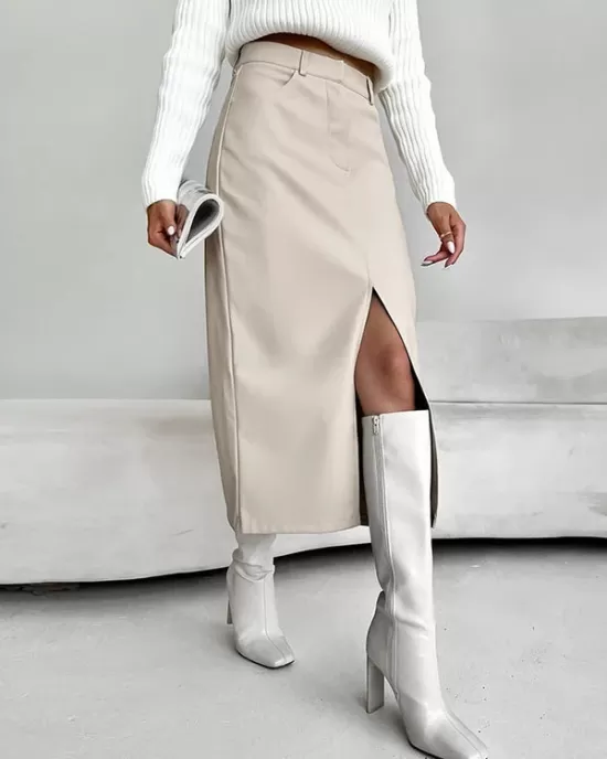Pockets Solid Color Split-Front Zipper Skinny Wrap Skirts Bottoms Pockets Solid Color Split-Front Zipper Skinny Wrap Skirts Bottoms