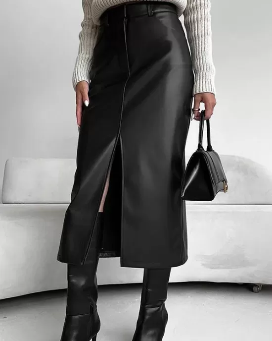 Pockets Solid Color Split-Front Zipper Skinny Wrap Skirts Bottoms Pockets Solid Color Split-Front Zipper Skinny Wrap Skirts Bottoms