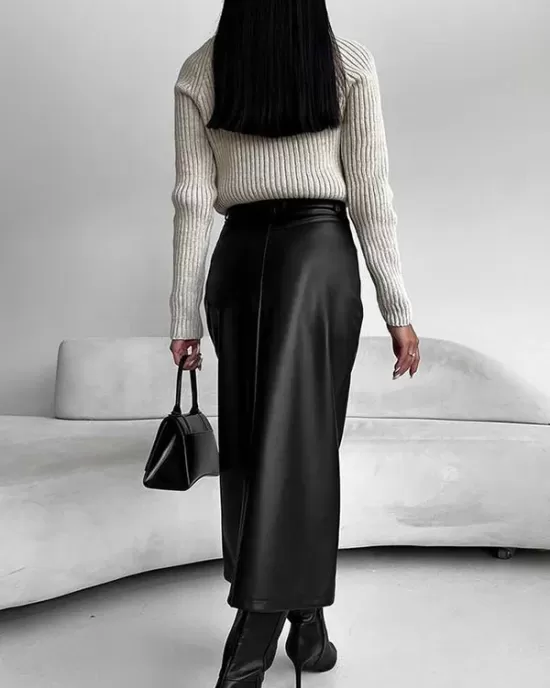 Pockets Solid Color Split-Front Zipper Skinny Wrap Skirts Bottoms Pockets Solid Color Split-Front Zipper Skinny Wrap Skirts Bottoms