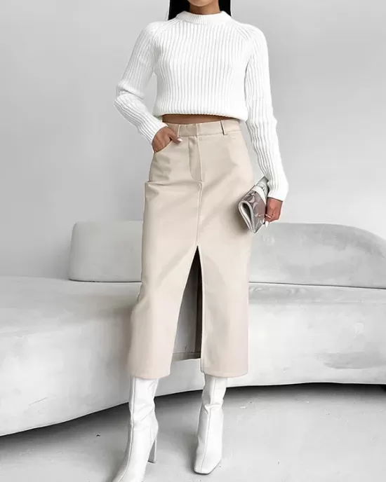 Pockets Solid Color Split-Front Zipper Skinny Wrap Skirts Bottoms Pockets Solid Color Split-Front Zipper Skinny Wrap Skirts Bottoms