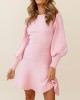 Solid Color Puff Sleeves Wrap Round-Neck Sweater Dress