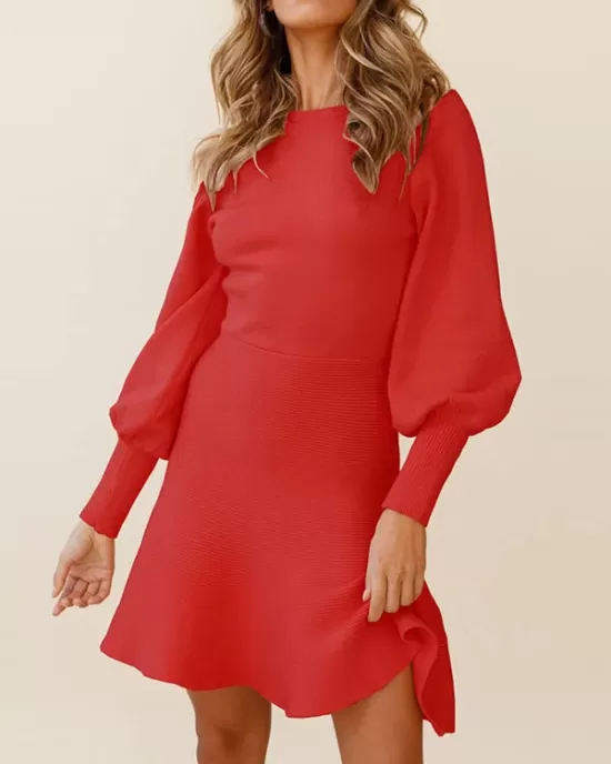 Solid Color Puff Sleeves Wrap Round-Neck Sweater Dress