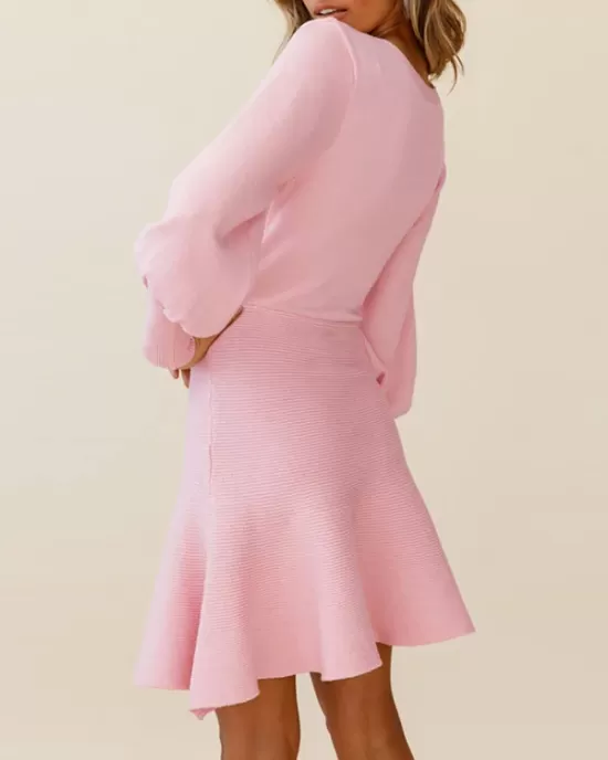 Solid Color Puff Sleeves Wrap Round-Neck Sweater Dress