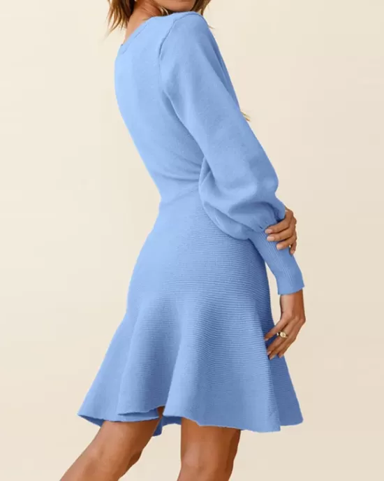 Solid Color Puff Sleeves Wrap Round-Neck Sweater Dress